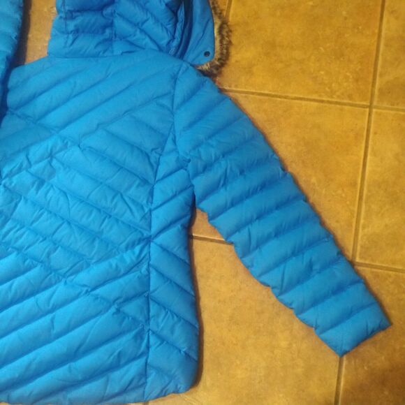 Eddie Bauer Womens Quilted Blue Goose Down Puffer Coat Faux Fur Hood Small EUC - Picture 11 of 13